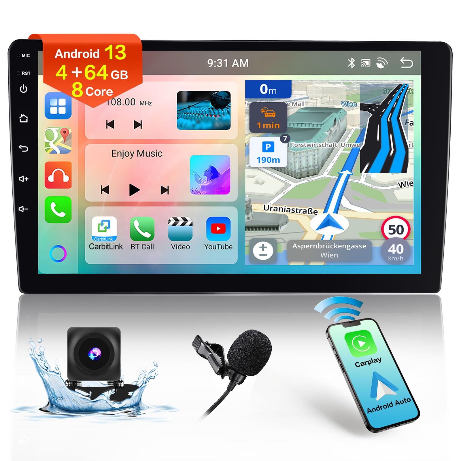 Photo 1 of 5G WiFi 8 Core 4+64GB Android 15 Double Din Car Stereo Wireless Carplay Android Auto, 10.1 Inch Touchscreen Car Radio with GPS Navigation, WiFi, Bluetooth, 32EQ, DSP, SWC, Mic, Backup Camera