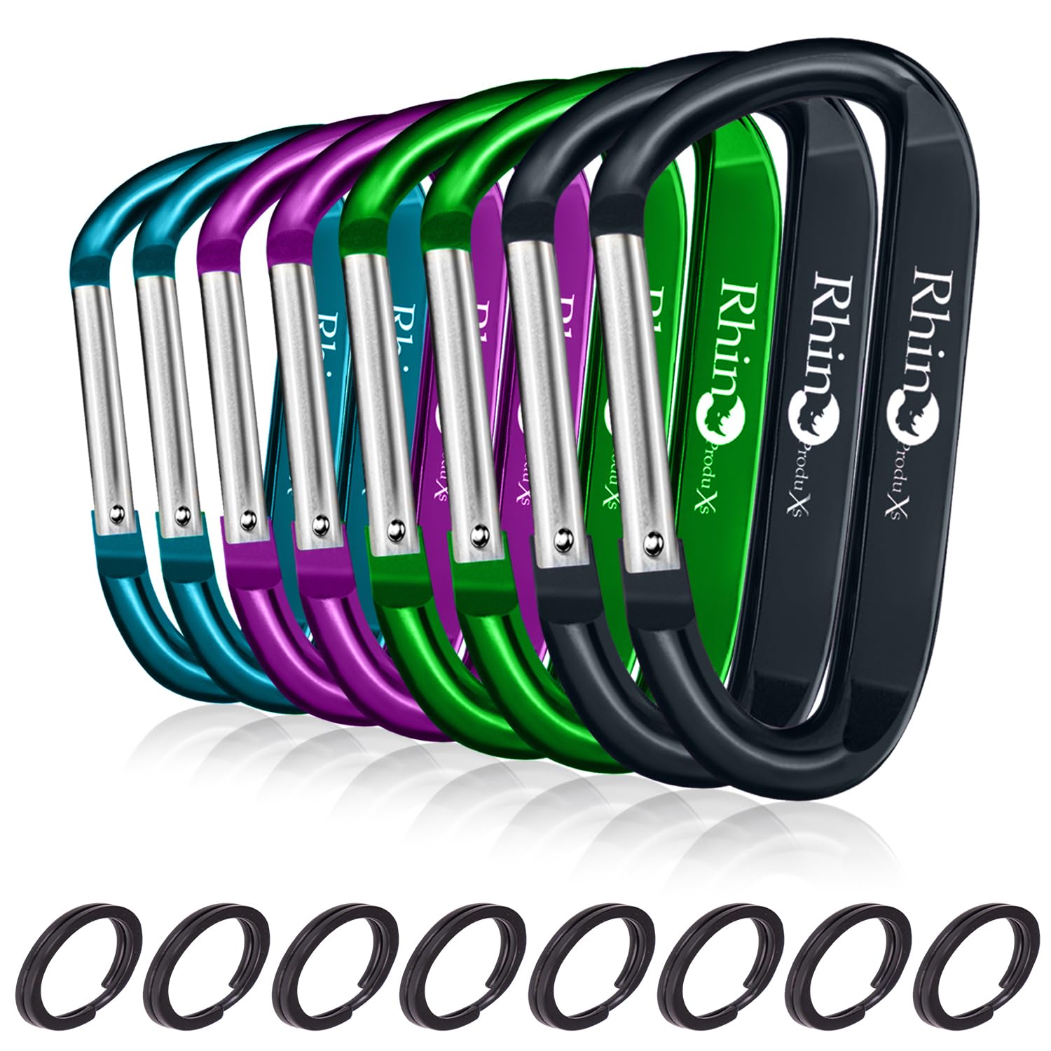 Rhino Produxs Lightweight duty Snap Carabiner Clips with Keyrings, D Ring Shape Carabiner with Keyrings - Excellent for Outdoor, Camping, Hiking, Keychains, Water Bottle, Keychain Hook
