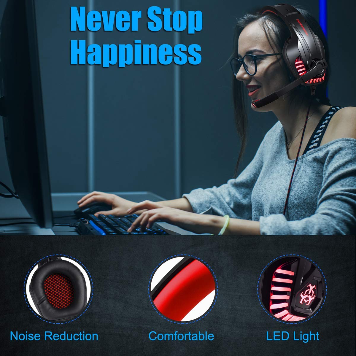 LATEC Gaming Headset für PS4, PC, Xbox One S, Laptop, Tablet, Phone, Mac, Gaming Kopfhörer mit Mikrofon, LED-Licht Stereo Bass Surround Rauschunterdrückungsmikrofon Over-Ear Headphones