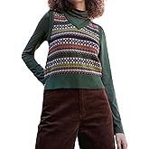 Women Vintage Embroidery Sleeveless Sweater Vest V Neck Stripes Geometric Knitted Tops Sping Fall Cropped Knitwear