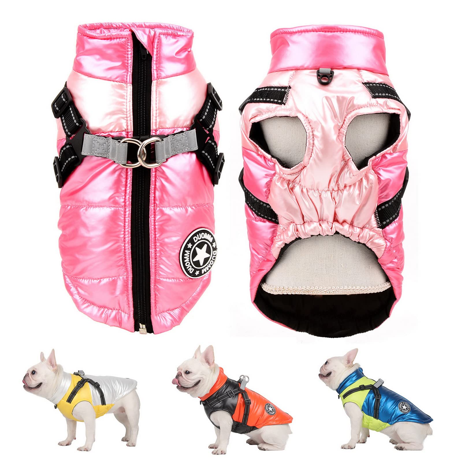 SMALLLEE_LUCKY_STORE Pet Colorblock Sport Waterproof Winter Jacket Vest with Harness D-ring for Small Medium Dog Cat Zip-up Padded Puppy Coat Chihuahua Yorkie French Bulldog Warm Clothes,Pink,XL