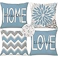 Coeufuedy Blue Outdoor Waterproof Throw Pillow Covers 18 x 18 Set of 4 Floral Geometric Bless Our Home Love Lives Here Decorative Cushion Case for Patio Furniture Bedroom Sofa Couch