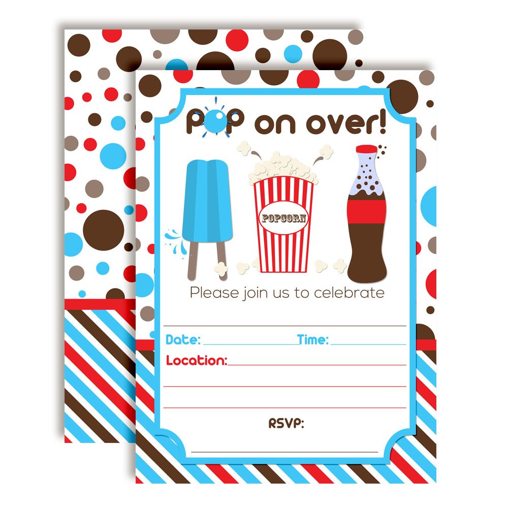 Pop On Over Soda and Popcorn Birthday Party Invitations, 20 5"x7" Fill in Cards with Twenty White Envelopes by AmandaCreation