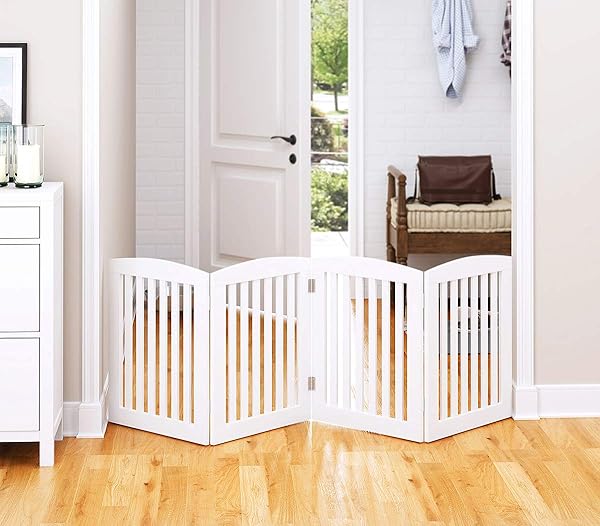 PAWLAND WOODEN FREESTANDING FOLDABLE PET GATE FOR DOGS, 24 INCH 4 PANELS STEP OVER FENCE, DOG GATE FOR THE HOUSE, DOORWAY, STAIRS, EXTRA WIDE (WHITE, 24″ HEIGHT-4 PANELS)