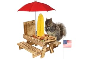 ALIYOHAM Squirrel Feeder for Outside Picnic Table with Umbrella and Flag, Corn Cob Holder & Peanuts Seeds Loader, Gift for Squirrel and Chipmunk Lovers, Garden Ornaments, Color Brown