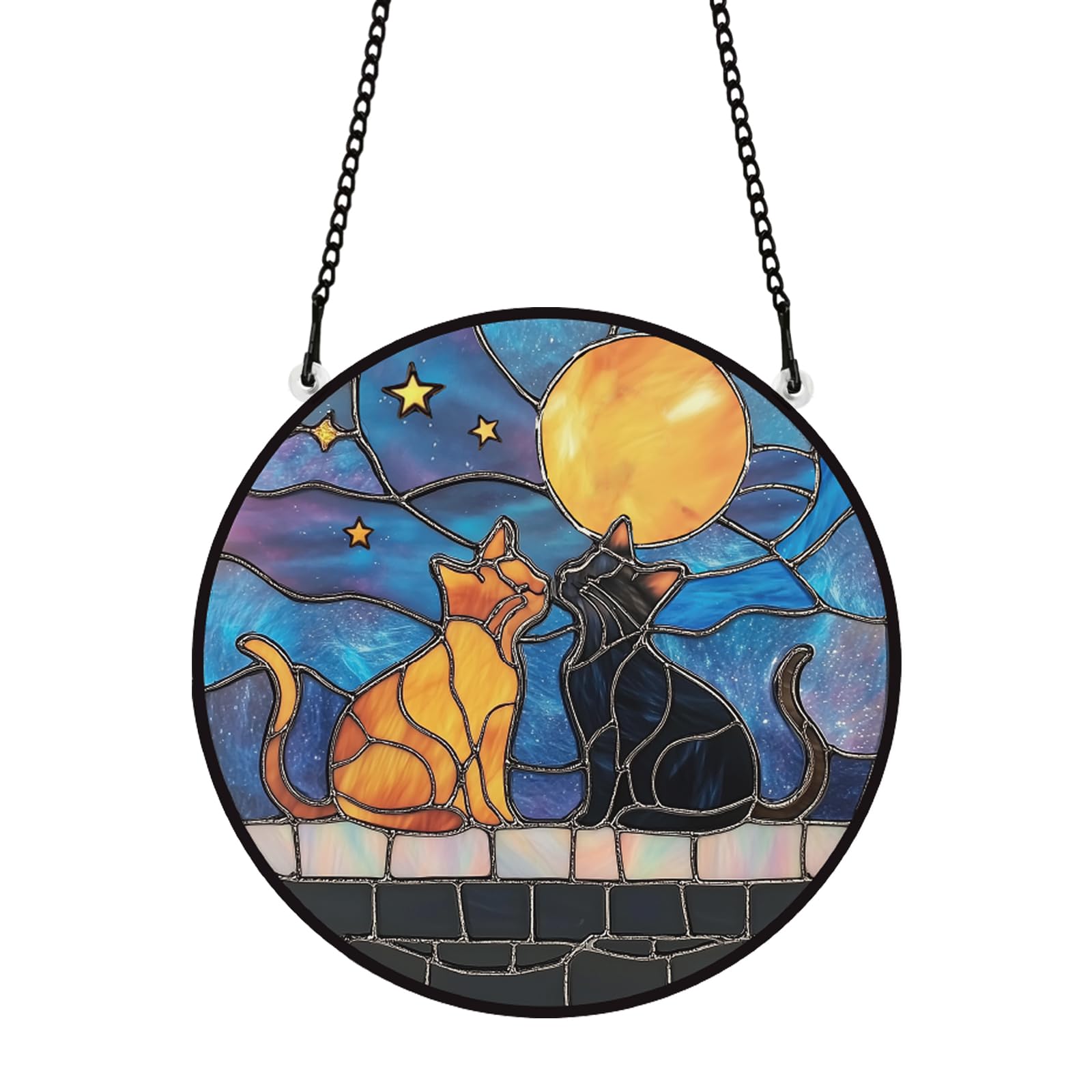 PLIGREAT Romantic Cartoon Cat Stained Suncatcher Window Wall Art Hanging Ornament Painted Starry Sky Acrylic Light Catcher Art Crafts for for Garden Home Indoor Outdoor Hanging Decor Housewarming Gift