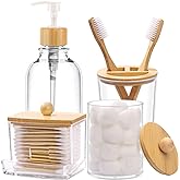 Bamboo Bathroom Accessories Set 4 Pcs - Clear Toothbrush Holder Plastic Soap Dispenser and 2 Qtip Holder Cotton Swab/Pad/Ball Container Jar