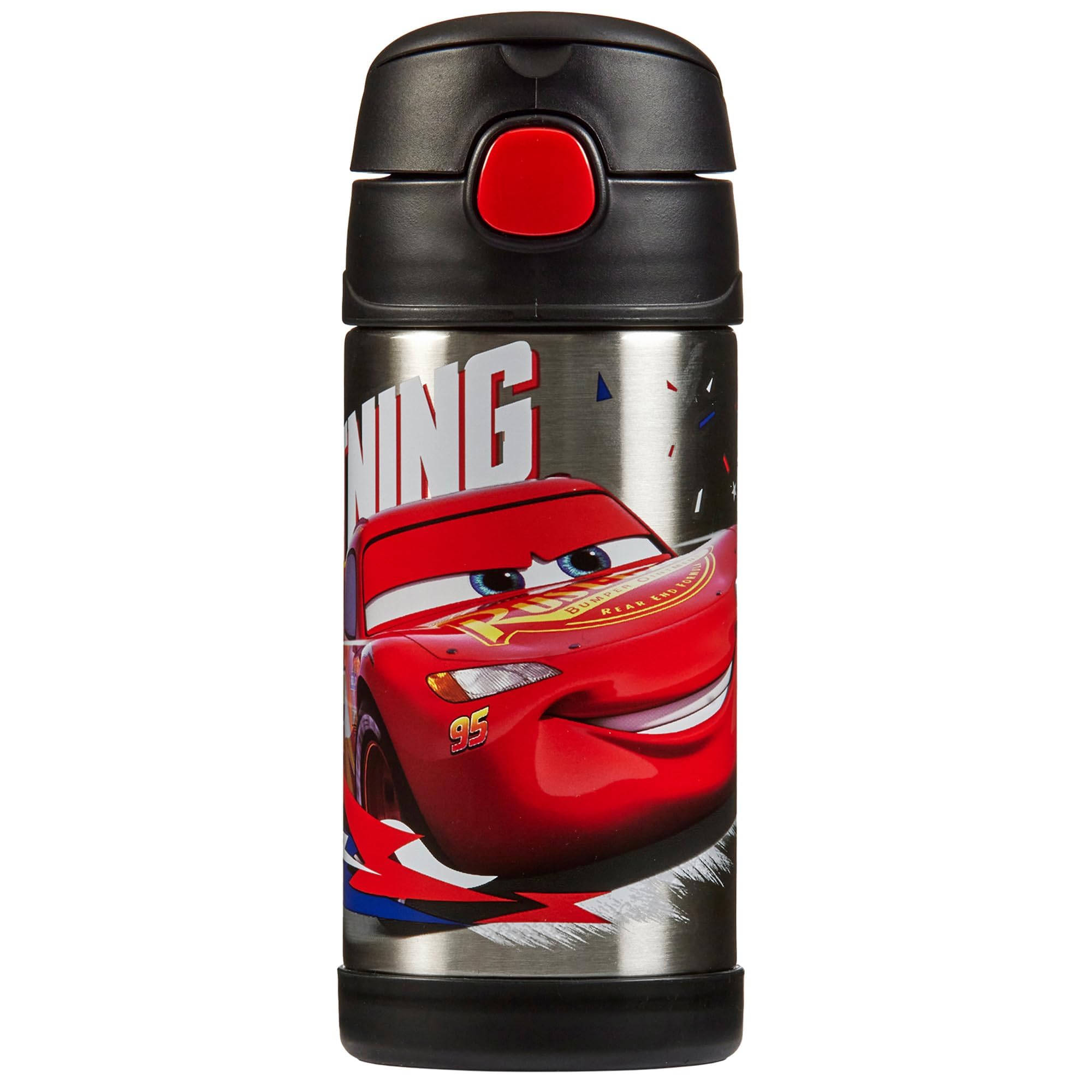 Thermos - Disney Cars Water Bottle (355ml) - BPA Free, Stainless Steel, Spill Proof, Pop-Up Straw, Disney Kids Flask with Personalised Name Labels & Carry Handle for 12-Hour Cold Drinks
