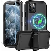 CONWOE Magnetic for iPhone 11 Pro Max Case,with Belt Clip,[Compatible with Magsafe] W/Tempered Glass Screen Protector,Anti-Drop,Shockproof,Heavy Duty Protection (Black)