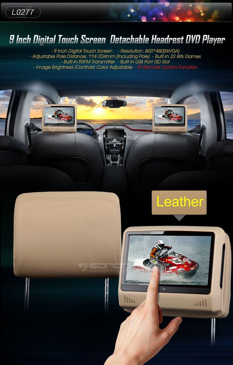 Eonon L0277 Pair of Tan leather headrests with detachable 9 inch LCD touch screens and behind-the-screen DVD players