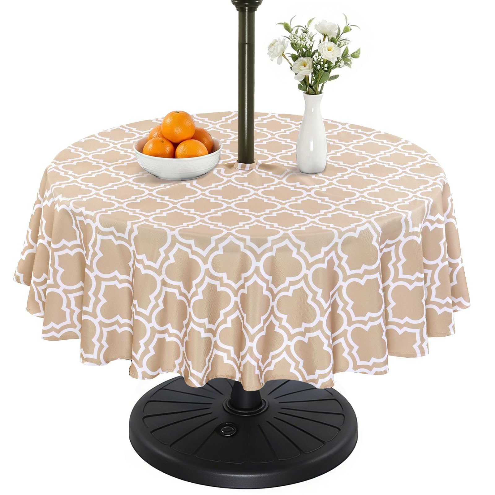 Eternal Beauty 152cm Round Khaki Plaid Indoor Outdoor Splashproof Tablecloth with Umbrella Hole and Zipper for Patio Garden Party and BBQ （60"）