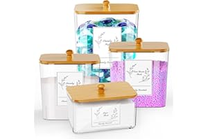 COAZEX 4 Pack Clear Laundry Pods Container & Dryer Sheet Holder, Plastic Square Laundry Room Organization and Storage Jars with Lids, Scoops & Labels for Detergent, Powder, Dryer Balls, Beads