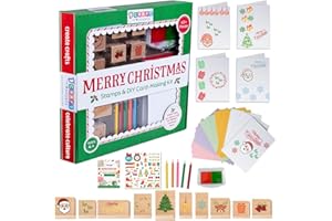 Dcraftsource 48 Piece Merry Christmas Craft Kit Wooden Stamp Set with Ink Pads Colored Pencils Stickers Cards Envelopes DIY Holiday Card Making Set for Kids Adults Classrooms Festive Family Fun
