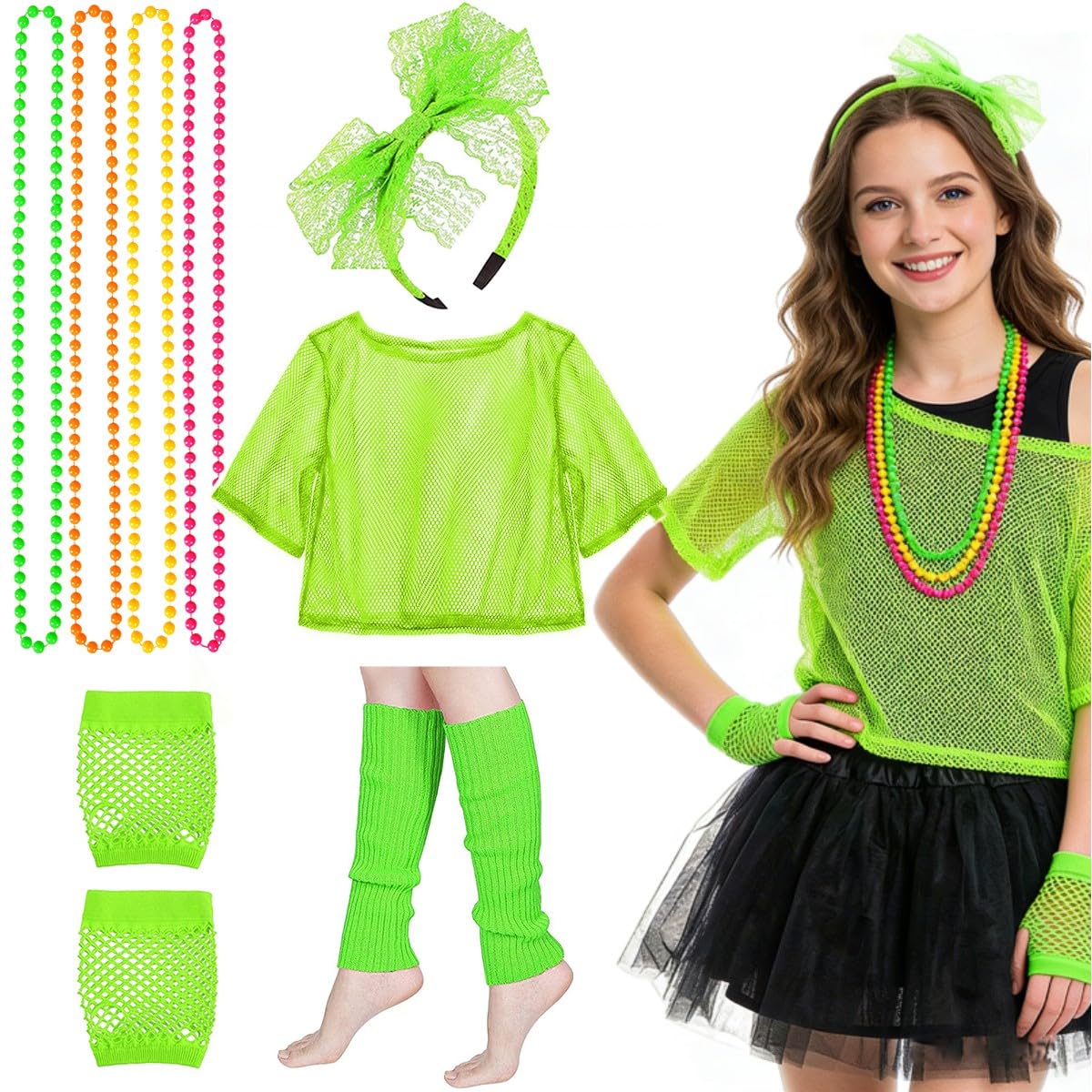iZoeL 80s Fancy Dress 80s Costumes for Girls Rock Stars Costume Accessories 1980s Outfits - Neon Mesh Top Headband Gloves Leg Warmers Necklace Punk Accessories