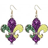 Mardi Gras Earring Sequin Fleur de Lis Earrings for Women Purple Green Gold Glitter Dangle Hook Earring Carnival Mask Crown Earrings for Fat Tuesday Celebration Classy Mardi Gras Parade Gifts