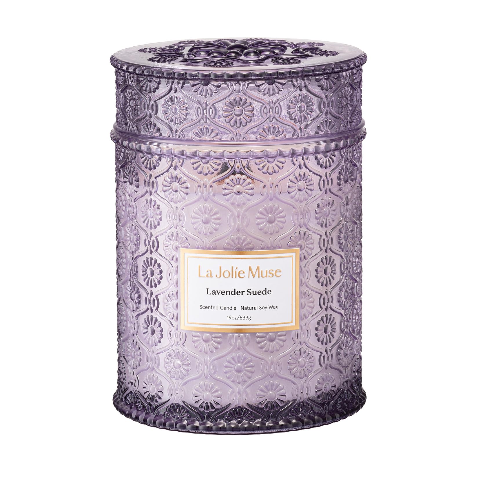 LA JOLIE MUSE Lavender Suede Candle – Eucalyptus, Lavender & Sandalwood 19 oz Large Wooden Wick Candle | Natural Soy Wax | 90 Hours Clean Burn | Aromatherapy Candle for Relaxation | Elegant Home Decor