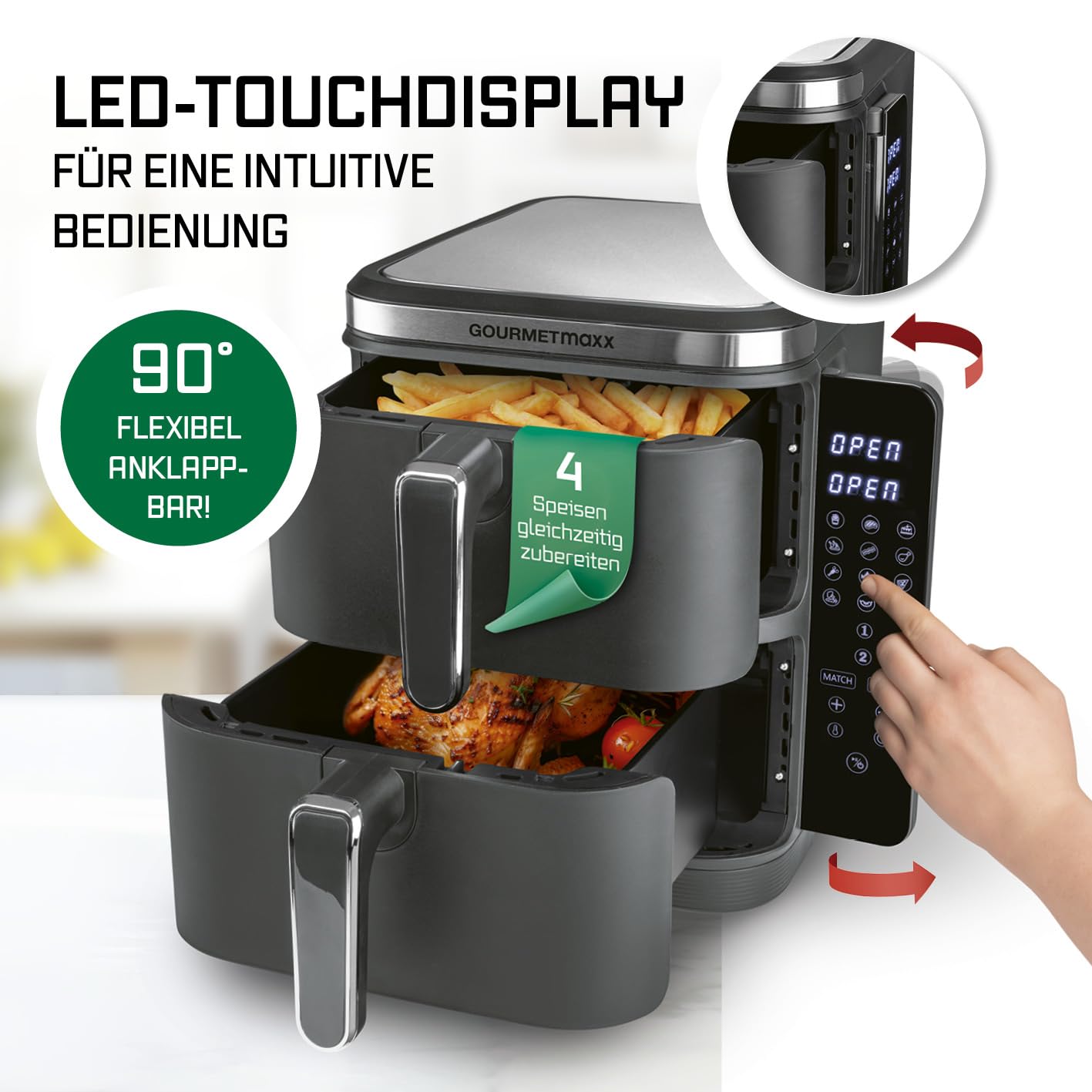 GOURMETmaxx FryUp Vertikale Doppelkammer Heißluftfritteuse | vertikaler Airfryer | klappbares Touchdisplay | 32% platzsparender | Fassungsvermögen 10L | Heißluftfritteuse 2 Kammern 6