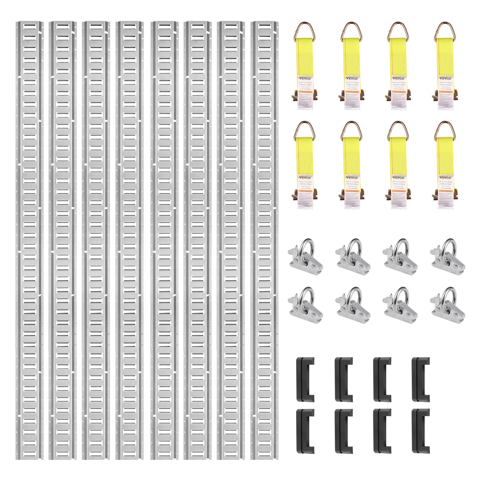 Photo 1 of VEVOR E Track Tie-Down Rail Kit, 32PCS 5FT E-Tracks Set Includes 8 Steel Rails & 8 O Rings & 8 Tie-Offs with D-Ring & 8 End Caps, Securing Accessories for Cargo, Motorcycles, and Bikes