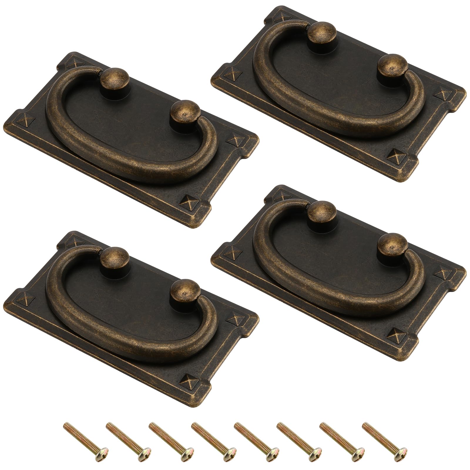 FUNSUEI 4 PCS Drop Ring Pull Handle, Zinc Alloy Antique Brass Drawer Pulls, Vintage Drawer Handles with Screws Rectangular Drawer Handles for Cupboard, Cabinet, Wardrobe, 96 x 53mm