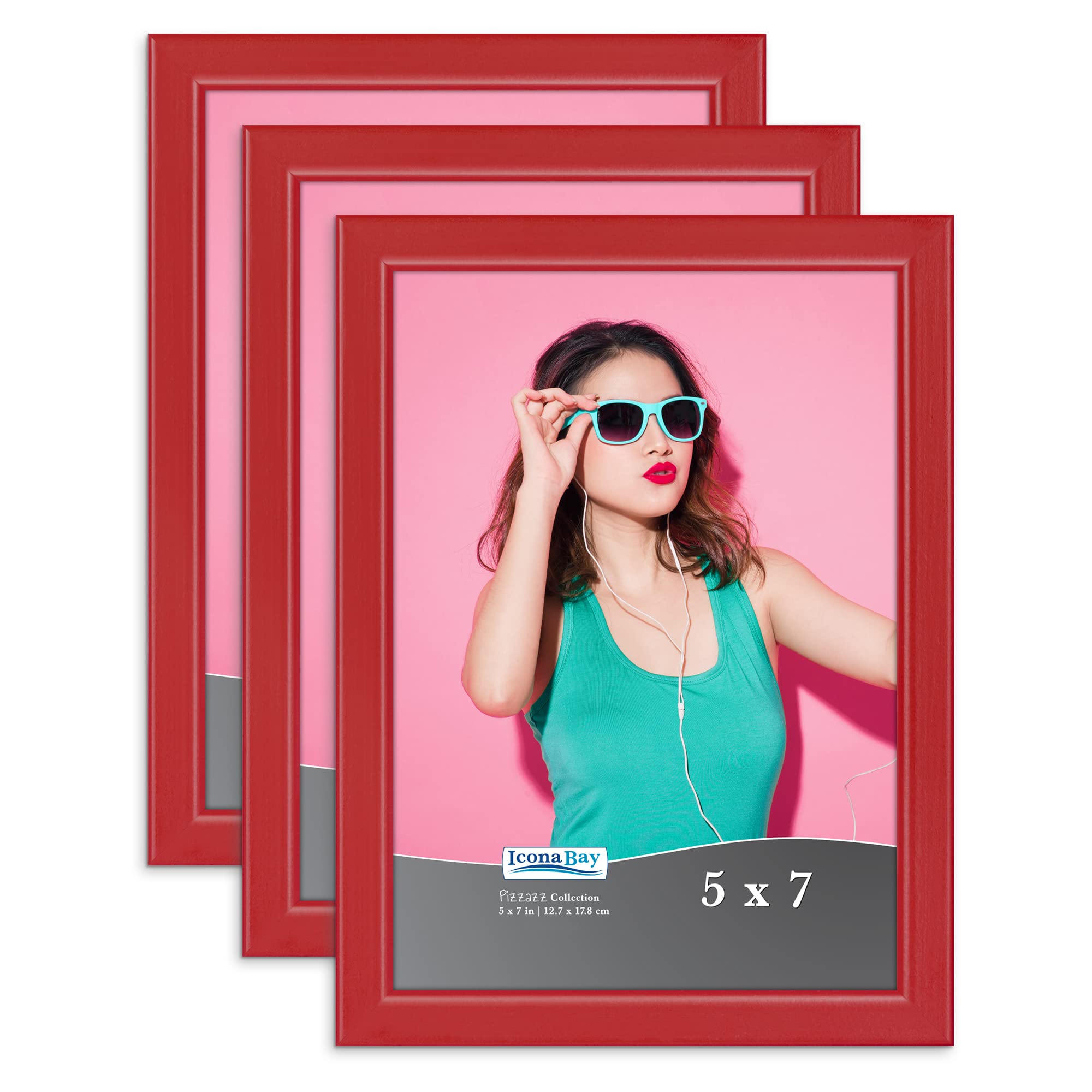 Icona Bay 7x5 Picture Frames (Red, 3 Pack), Coloured Solid Wood Scandinavian Style Frames for Photos, Pizzazz Collection