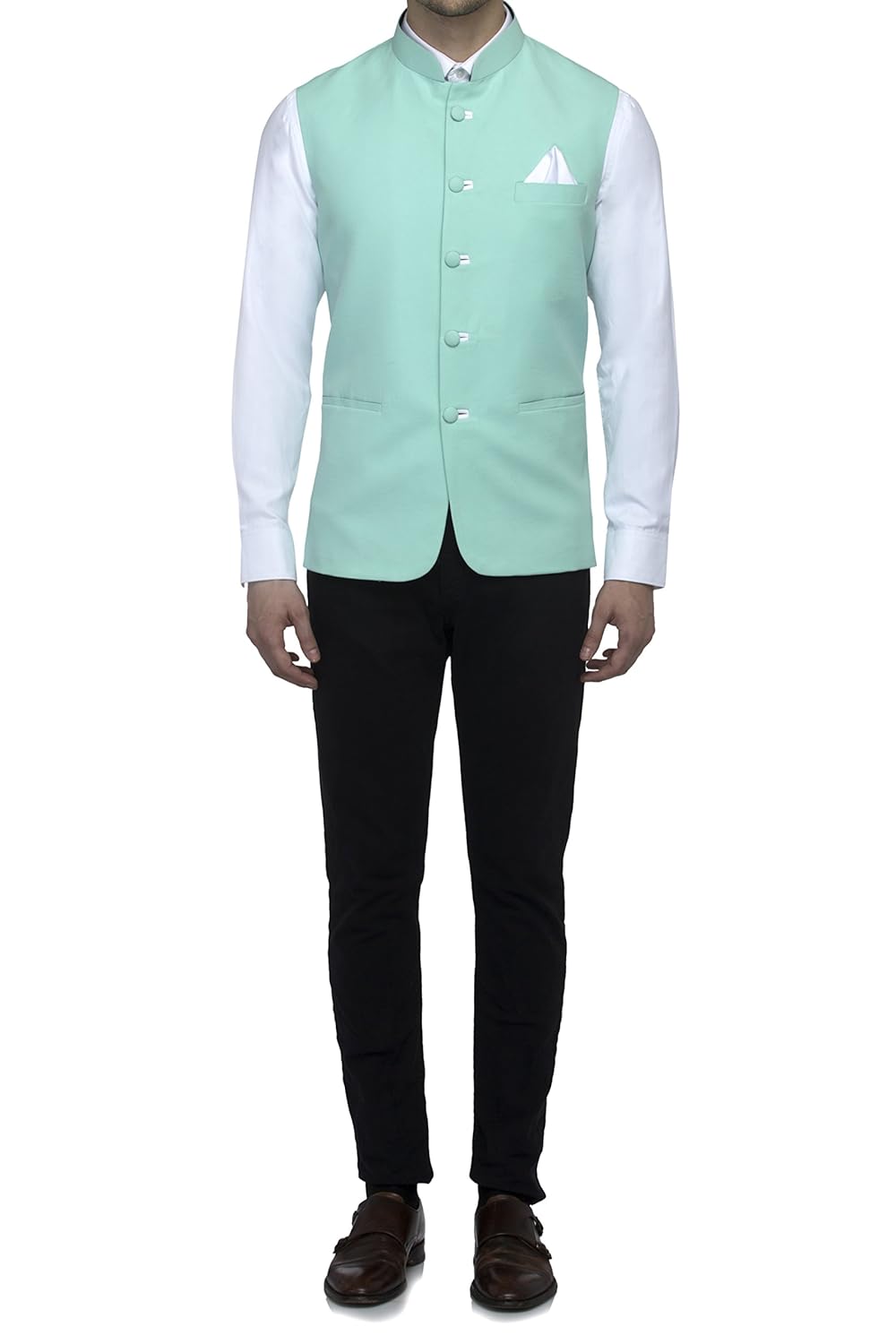 favoroski sleeveless nehru jacket with mandarin collar for men