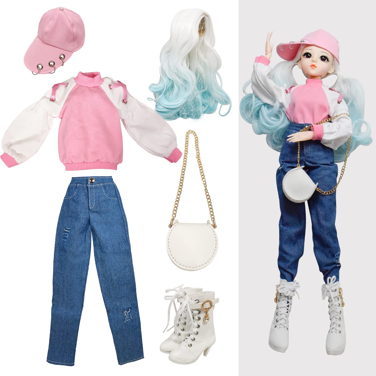 Proudoll 1/3 BJD Doll Clothes Outfit Set - Handcrafted Stylish Pink Hoodie, Jeans, Cap, Wig, Cross-body Bag, and Boots, Compatible with 1/3 60cm 24in SD Dolls