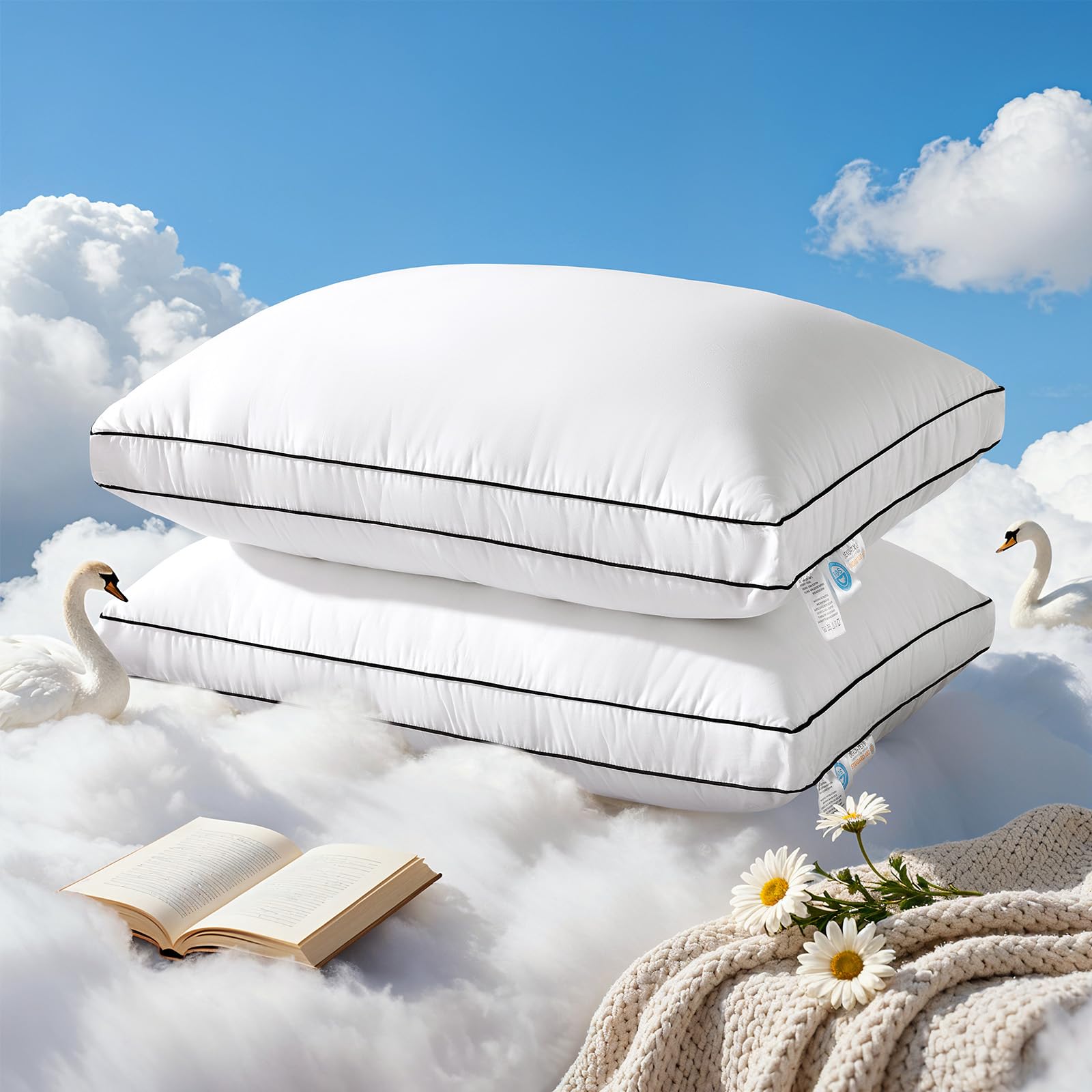 Photo 1 of RDS Certified Goose Feather & Down Pillows, 3-Chamber Gusseted Design for Balanced Neck Support, 100% Cotton Cover, Hotel Style Bed Pillow for Side and Back Sleepers | Queen Size Set of 2, 20" x 30"