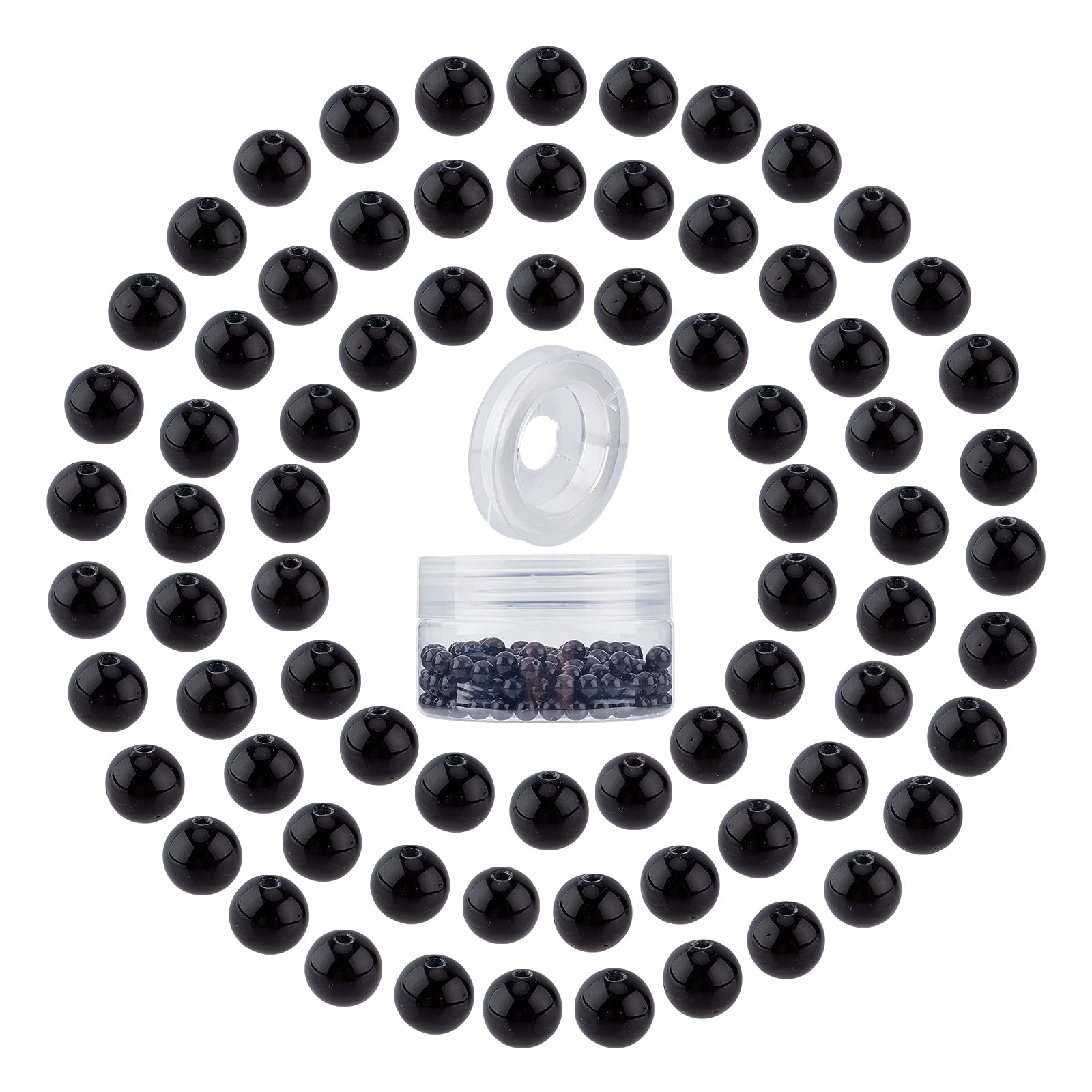 SUNNYCLUE 200pcs 6mm Black Obsidian Beads Round Stone Beads Semi Precious Beads & Elastic Thread & Plastic Bead Containers for Bracelet Necklace Earrings Jewelry Making