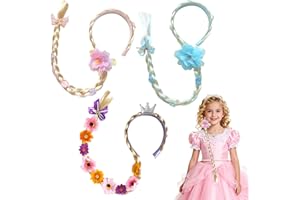 Orizizhic 3 Pcs Long Princess Braided Wigs, Fairy Tale Princess Wig Dressup Accessories 26 Inch Wigs Prince-Cosplay Headband with Tiara Flowers Garland for Girls 3-6 Years Dress Up Birthday Party