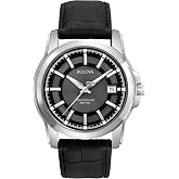 Bulova Men's Precisionist 3-Hand Calendar in Stainless Steel with Black Leather Strap and Black Patterned Dial Style: 96B158