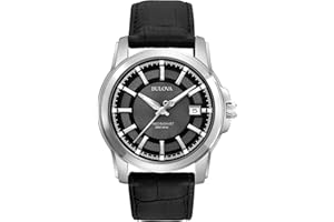 Bulova Men's Precisionist 3-Hand Calendar in Stainless Steel with Black Leather Strap and Black Patterned Dial Style: 96B158