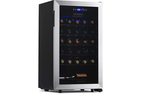 NewAir 33 Bottle Wine Fridge, Freestanding or Built-In Refrigerator, Stainless Steel Cooler, UV Protected Glass Door with Recessed Handle, Digital Thermostat