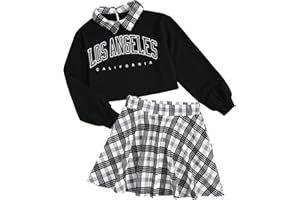 SOLY HUX Girl's 2 Piece Outfits Letter Print Long Sleeve Pullover Cute Sweatshirt Top and Plaid Mini Skirt Set