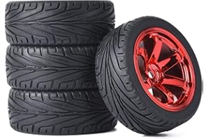 WONFAST 4PCS RC Car Rubber Tires and Plastic Wheels Rims Compatible with 1/10 Scale On Road Touring Racing Flat Drift Car for HSP HPI Tamiya (Red)