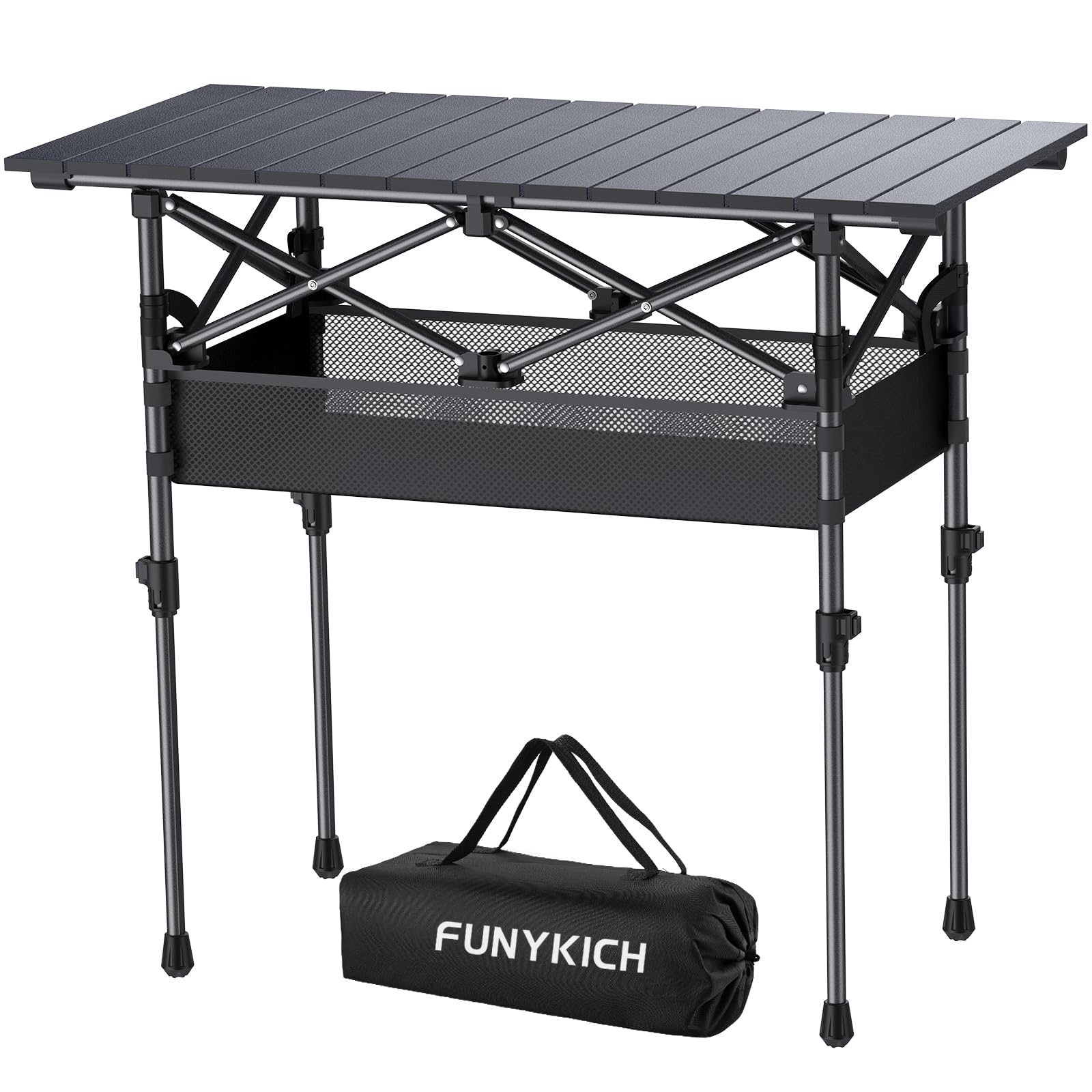 Photo 1 of FUNYKICH Folding Camping Table(L32.3''xW15.7''), Aluminum Roll-up Portable Picnic Table with 2 Adjustable Height, Large Storage and Carrying Bag for Picnic, Camping, BBQ, Party, Backyard, Beach