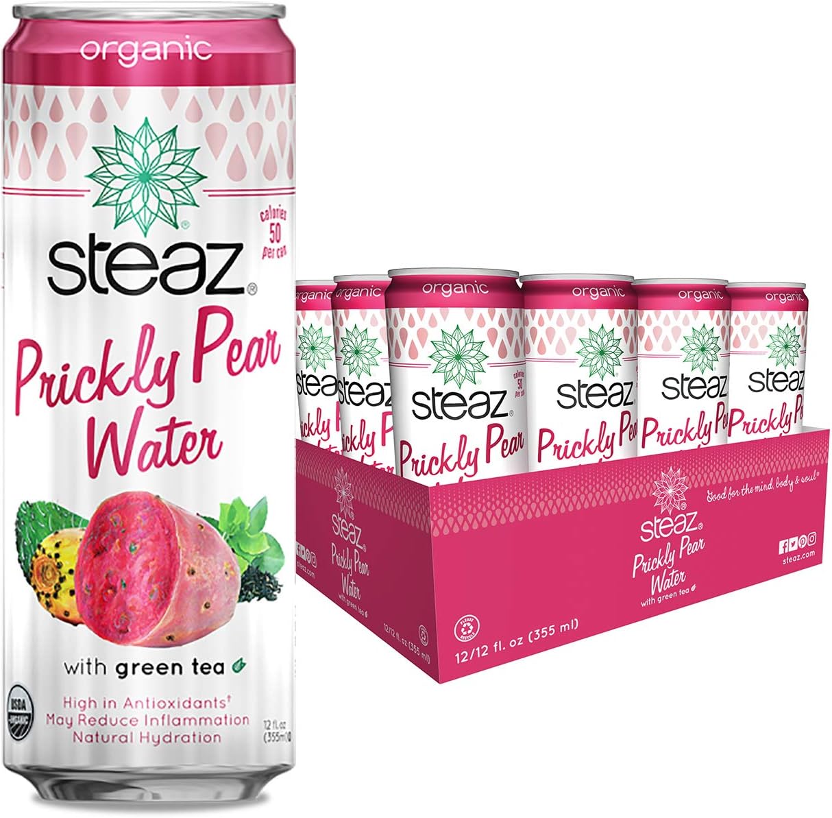 Steaz Organic Prickly Pear Water with Green Tea, 12 FL OZ (Pack of 12)