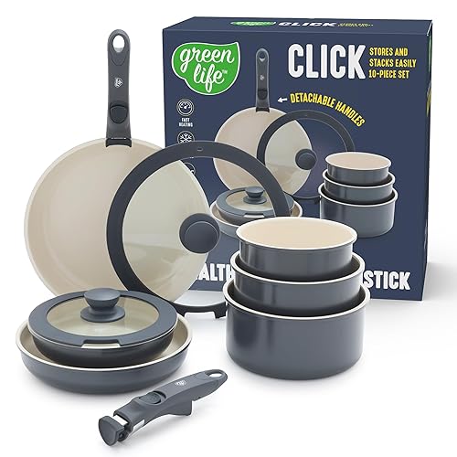 GreenLife 10 Piece Nonstick Pots & Pans Set, Detachable Handle & Stackable Cookware Set, Non Toxic PFAS-Free Skillets, Induction Kitchen Pans, Space Saving, Serving Bowls, Oven Safe, Graphite