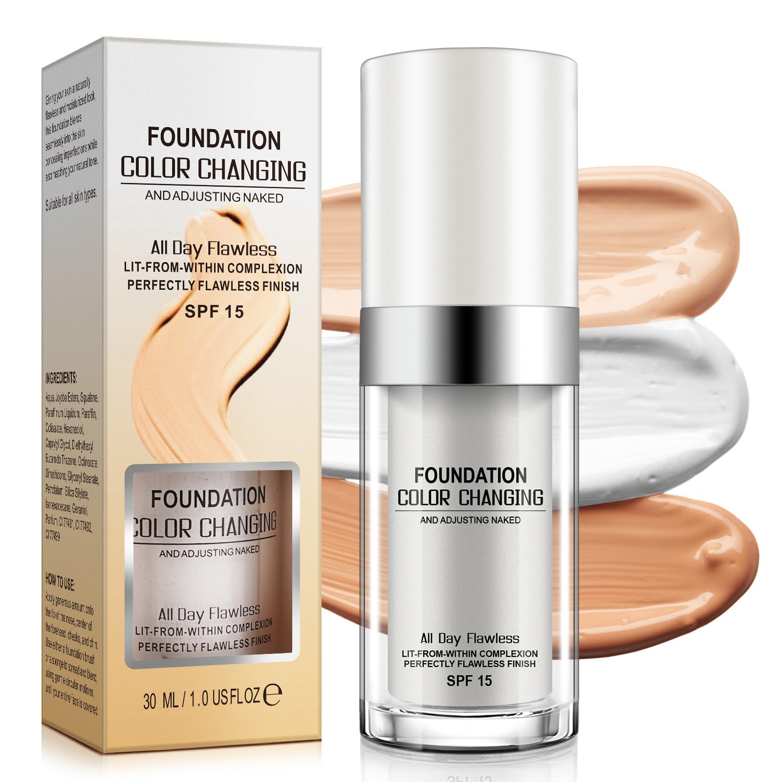 Color Changing Foundation SPF15,Seamless Tone-Matching,Long-Lasting Hydration Nourishment, and Sun Protection for All Skin