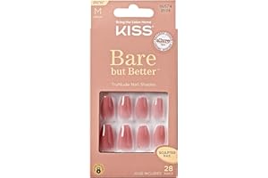 KISS Bare but Better, Press On Nails, Nail glue included, 'Nude Nude', Color, Medium Size, Coffin Shape, Includes 28 Nails, 2g glue, 1 Manicure Stick, 1 Mini File