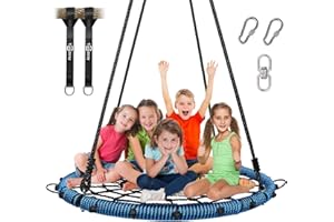 Trekassy 45" 750lbs Spider Web Tree Swing for Kids & Adults, Outdoor Steel Frame Saucer Net Swing with Swivel, Adjustable Ropes + 2 Tree Hanging Straps (Blue)