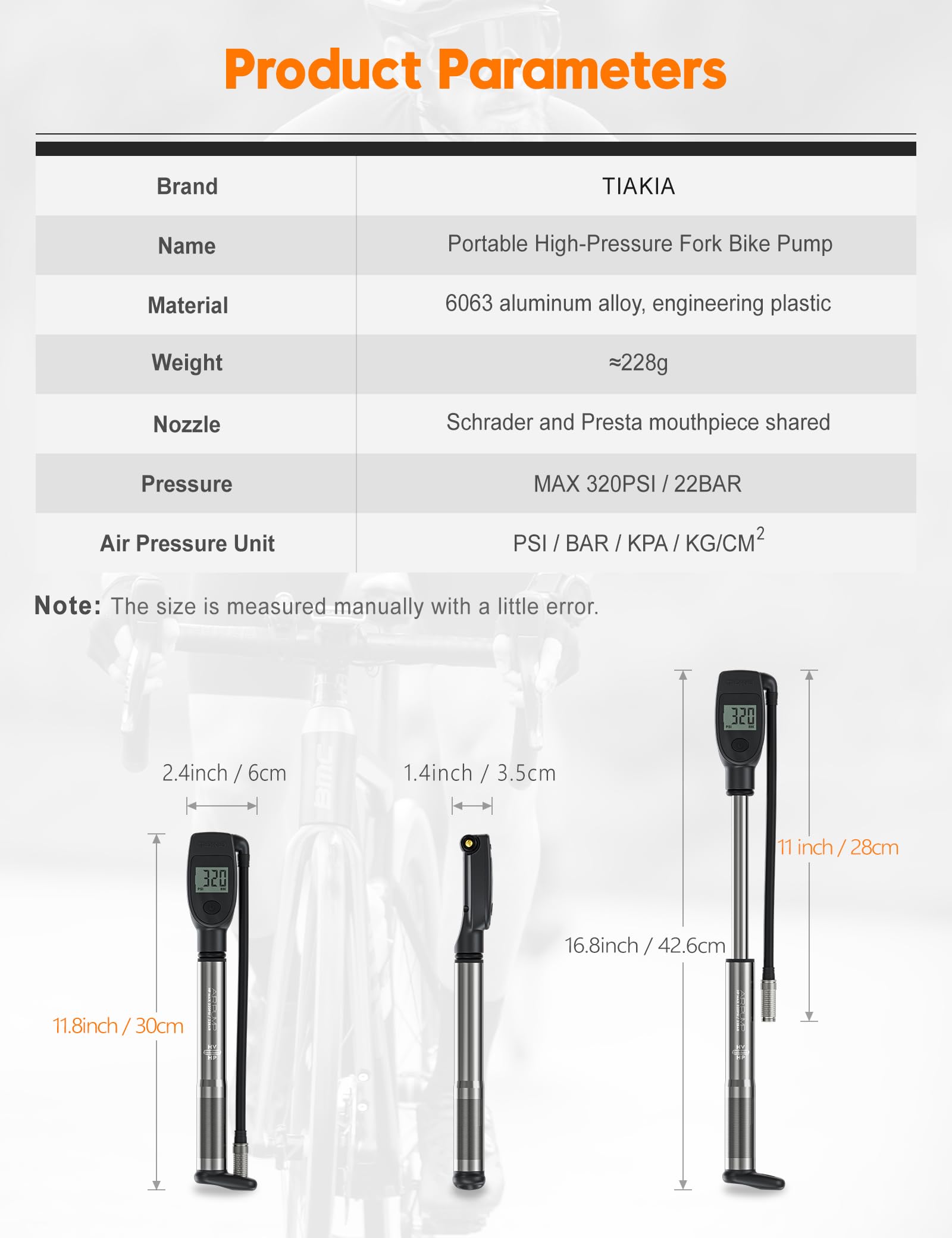 Tiakia Hochdruck Dämpferpumpe mit Digitaler Manometer 320PSI Für Luftdämpfer und federgabel,Tragbare fahrradpumpe Aluminium reifenpumpe Fahrrad Rahmenpumpen,Für Schrader/Presta、DH、MTB (Black) 8