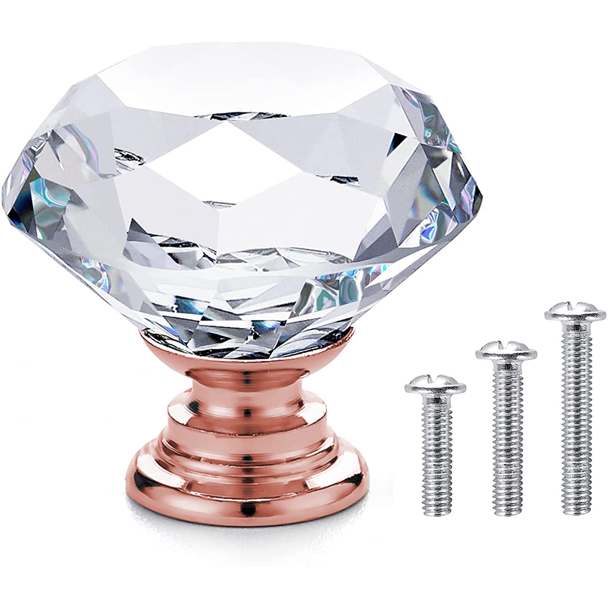 Vandicka 20 Pack 30mm Crystal Glass Cabinet Door Knobs Cupboard Wardrobe Dresser Drawer Pull Handles (Clear Diamond + Rose Gold Base) with Mounting Screws in 3 Sizes