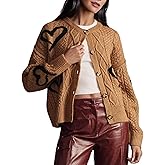 InterNos Women's Graphic Cable Knit Cardigans Sweater Vintage Open Front Crew Neck Long Sleeves Knitwear