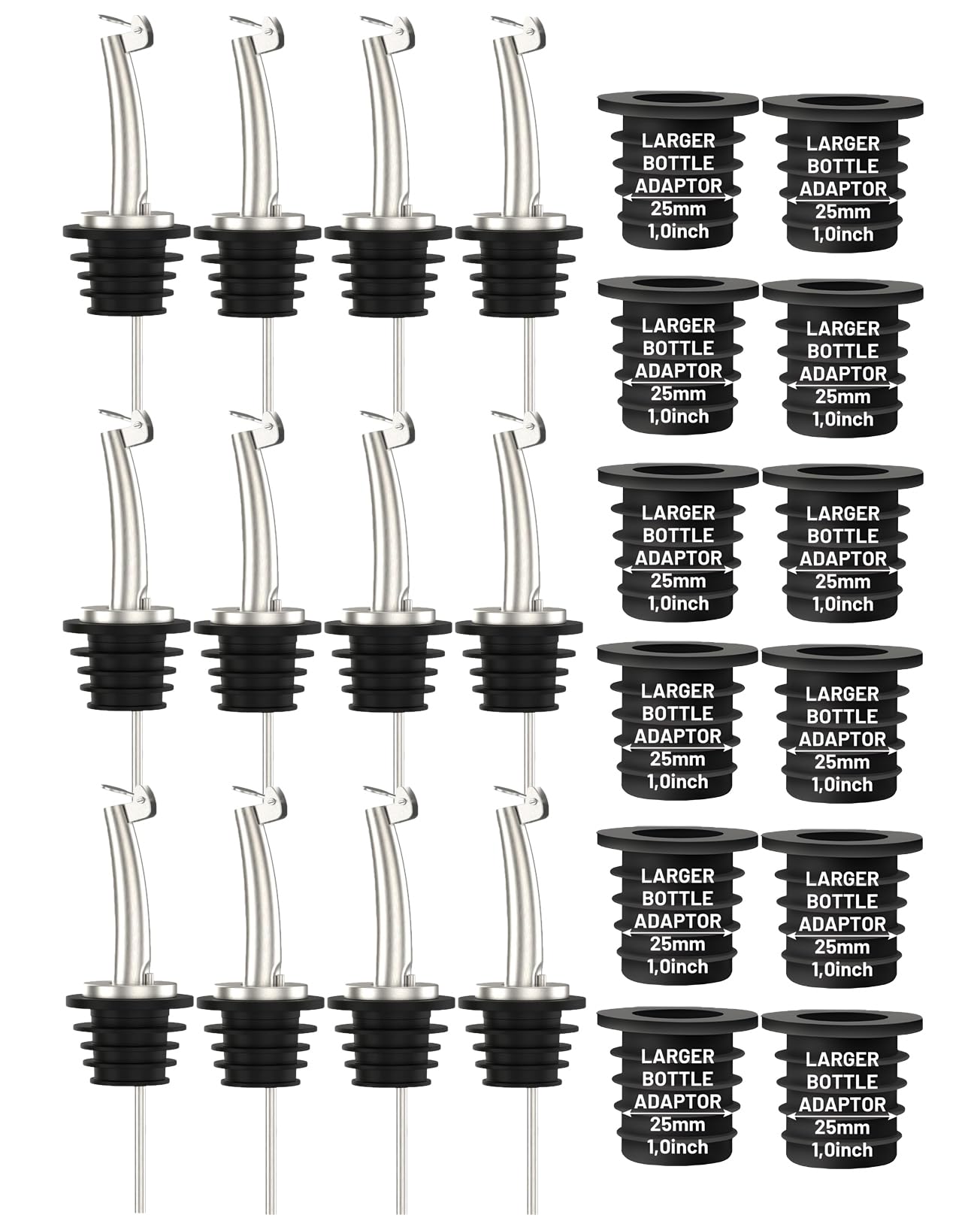 Photo 1 of 12-Pack Auto Flip Liquor Bottle Pourers with Adapters, Liquor Pour Spout Adapters set for for Large Olive Oil Bottles and Liquor Bottles - Up to 1 Inch/25mm Neck Converts Spout into Large Pour Spout