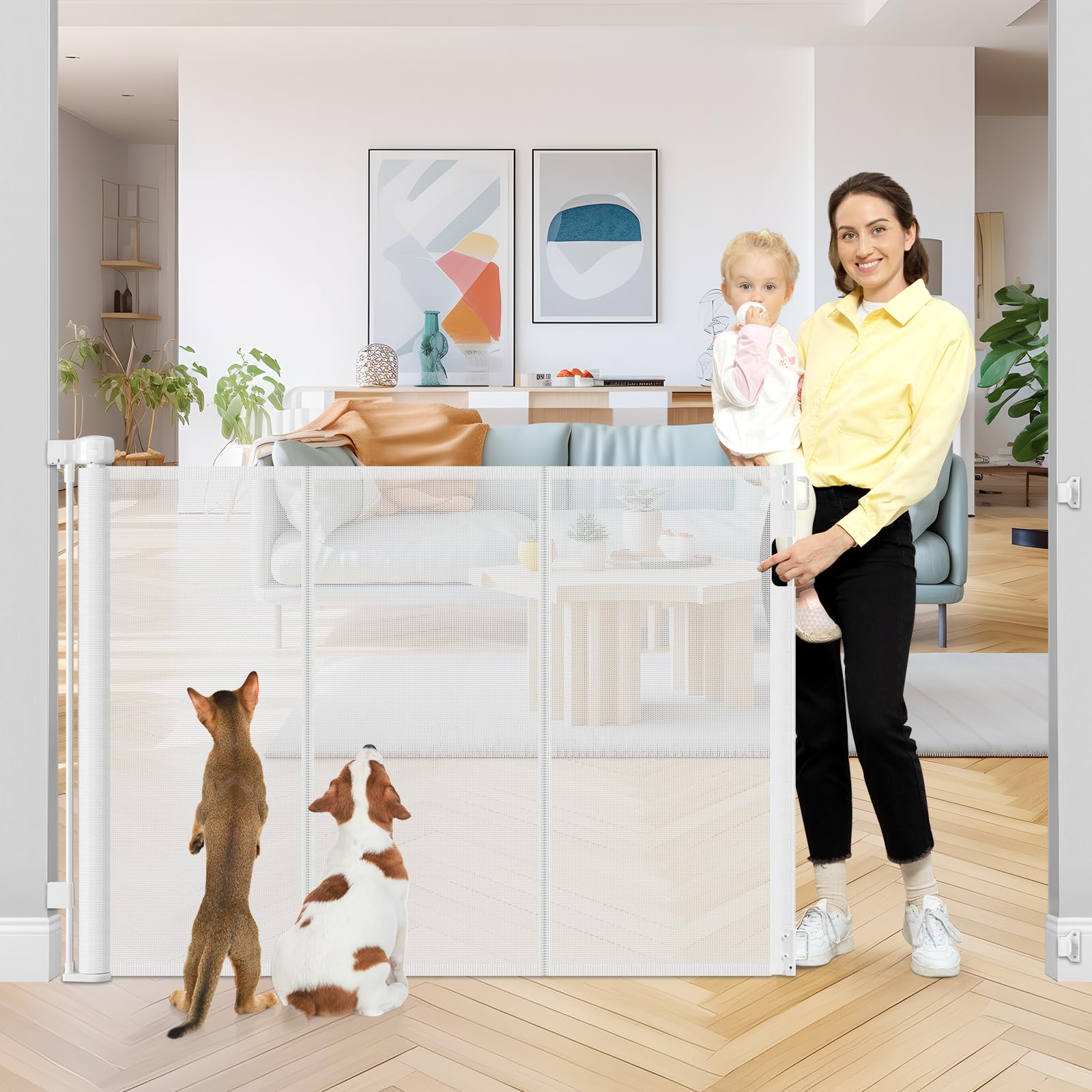 Photo 1 of 42 Inch Extra Tall Retractable Baby Gates with Reinforced Strips 55 Inch Wide Outdoor Retractable Dog Gate No Sag Extra Tall Baby Gate for Doorway Anti-Scratch Mesh Gates for Kids or Pets, White