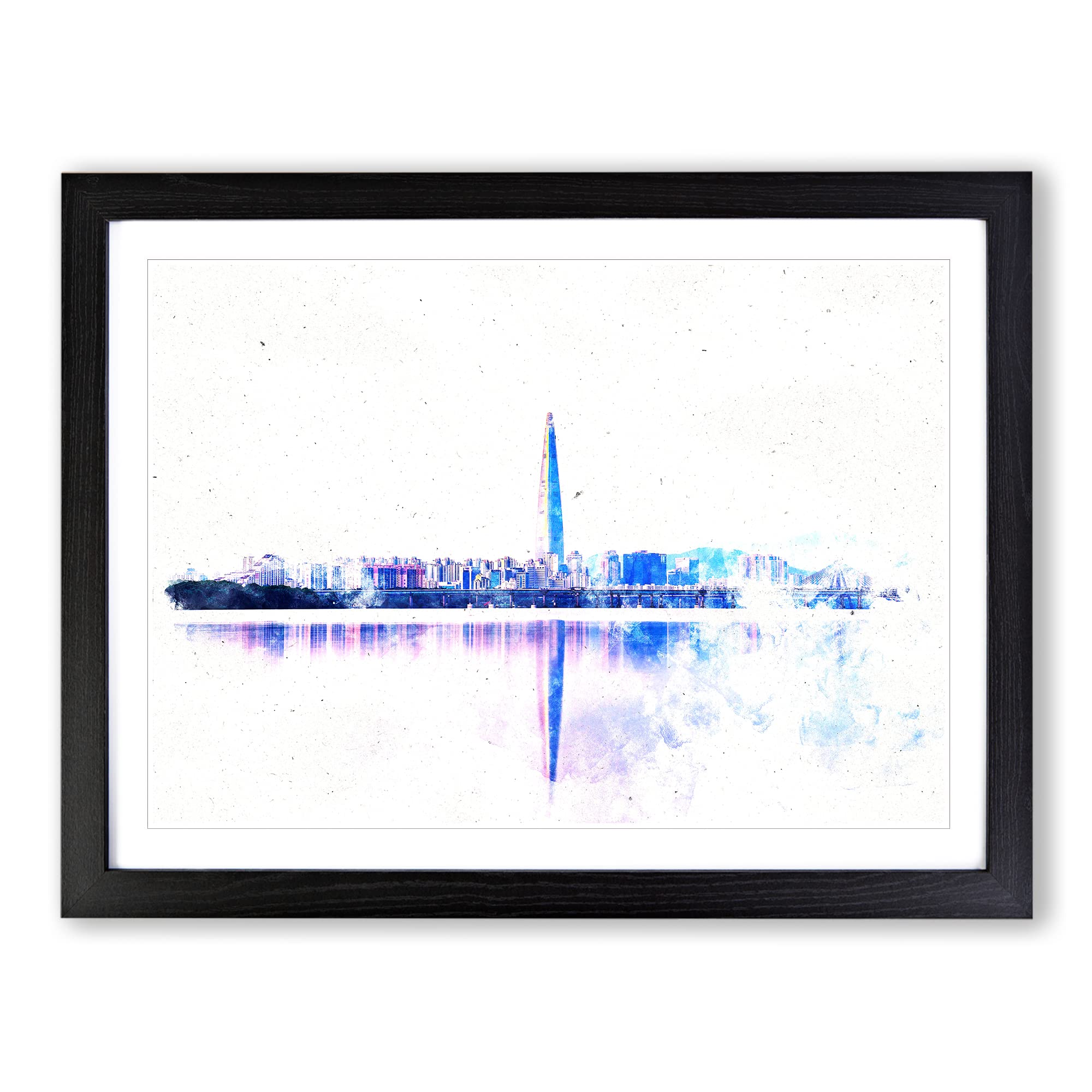 Seoul Skyline In South Korea Watercolour Modern Framed Wall Art Print, Ready to Hang Picture for Living Room Bedroom Home Office Décor, Black A3 (46 x 34 cm)
