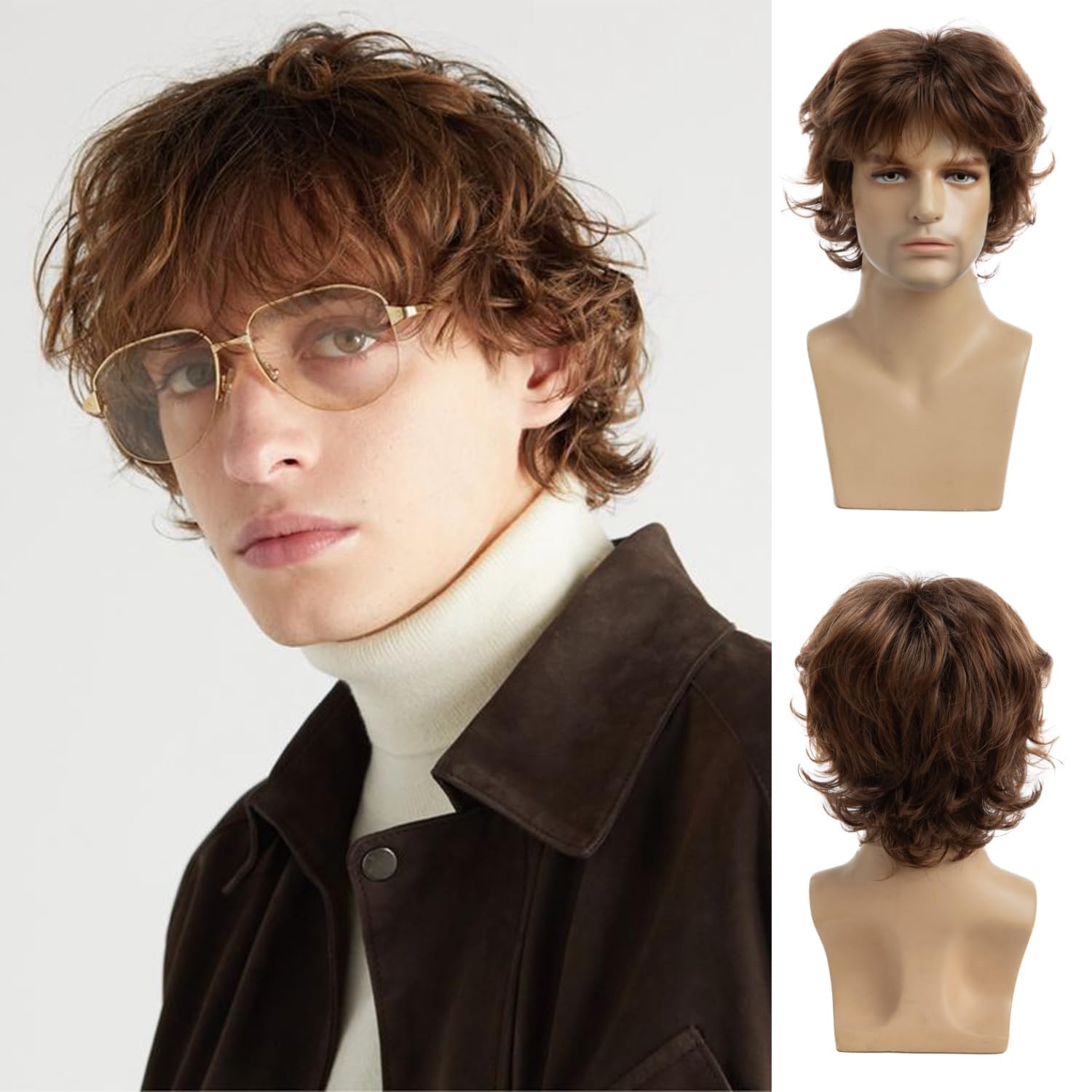 Qnbiar Mens Short Curly Brown Synthetic Costume Replacement Wig for Male — image 1