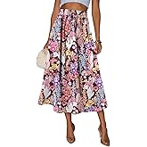Magritta Women's Print Midi Skirt with Pocket Elastic High Waist 2026 Trendy A-Line Bohe Leopardr Swing Skirts for Women