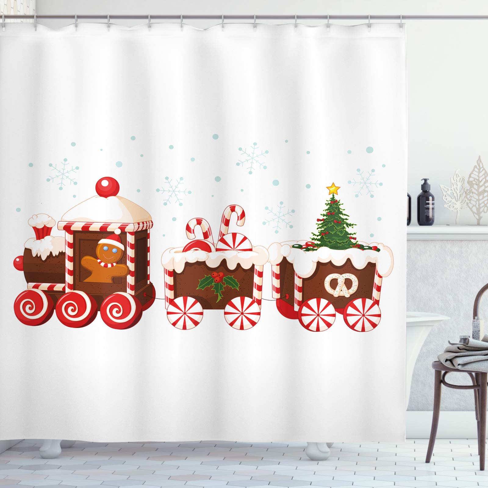 ABAKUHAUS Christmas Shower Curtain, Train Gingerbread Cream Candy Cartoon Toys Snowflakes Presents, Cloth Fabric Bathroom Decor Set with Hooks, 175 x 220 cm, White Brown Vermilion