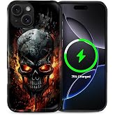 Punmada for iPhone 15 Case for MagSafe,Hard Hybrid Shell Shockproof Silicone Full Body Protective Matte Case for iPhone 15 Cool Black Skull Flame Pattern